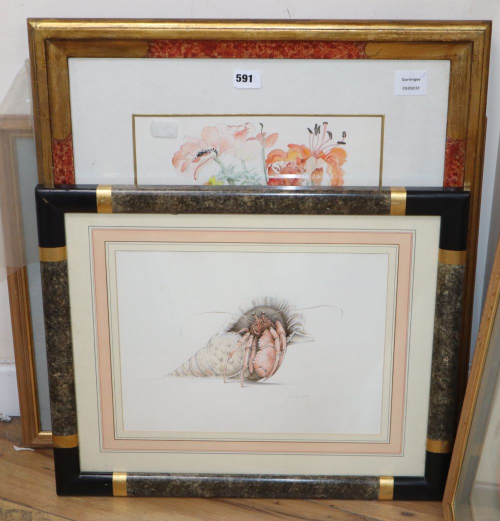 Willy Fielding, watercolour and ink, Crab playing poker, signed and dated 90, 29 x 45cm, and four other pictures